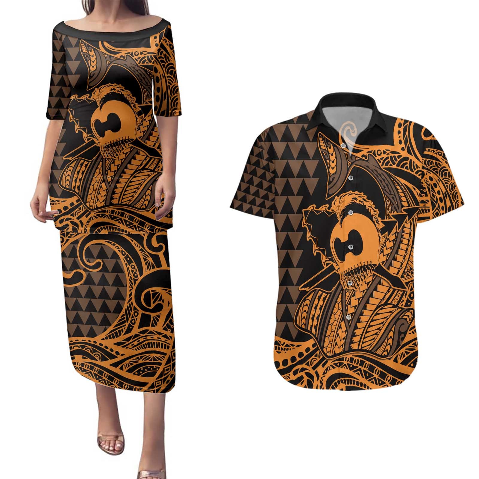 Koa Ikaika Warrior Helmet with Shark Couples Matching Puletasi and Hawaiian Shirt Gold Kakau Style