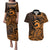 Koa Ikaika Warrior Helmet with Shark Couples Matching Puletasi and Hawaiian Shirt Gold Kakau Style