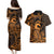 Koa Ikaika Warrior Helmet with Shark Couples Matching Puletasi and Hawaiian Shirt Gold Kakau Style