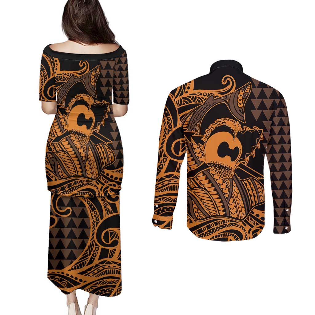 Koa Ikaika Warrior Helmet with Shark Couples Matching Puletasi and Long Sleeve Button Shirt Gold Kakau Style LT9 - Polynesian Pride