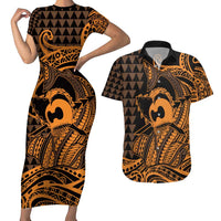Koa Ikaika Warrior Helmet with Shark Couples Matching Short Sleeve Bodycon Dress and Hawaiian Shirt Gold Kakau Style