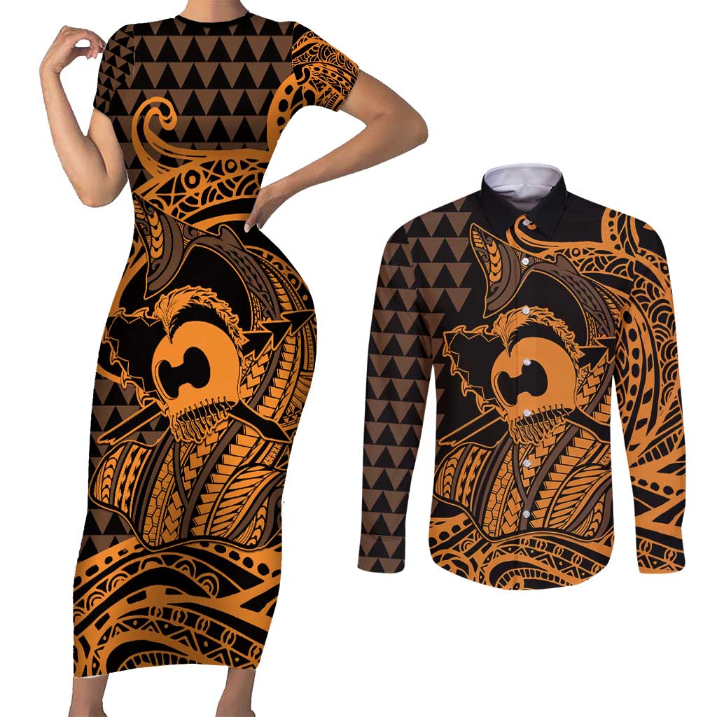 Koa Ikaika Warrior Helmet with Shark Couples Matching Short Sleeve Bodycon Dress and Long Sleeve Button Shirt Gold Kakau Style LT9 Gold - Polynesian Pride