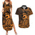 Koa Ikaika Warrior Helmet with Shark Couples Matching Summer Maxi Dress and Hawaiian Shirt Gold Kakau Style
