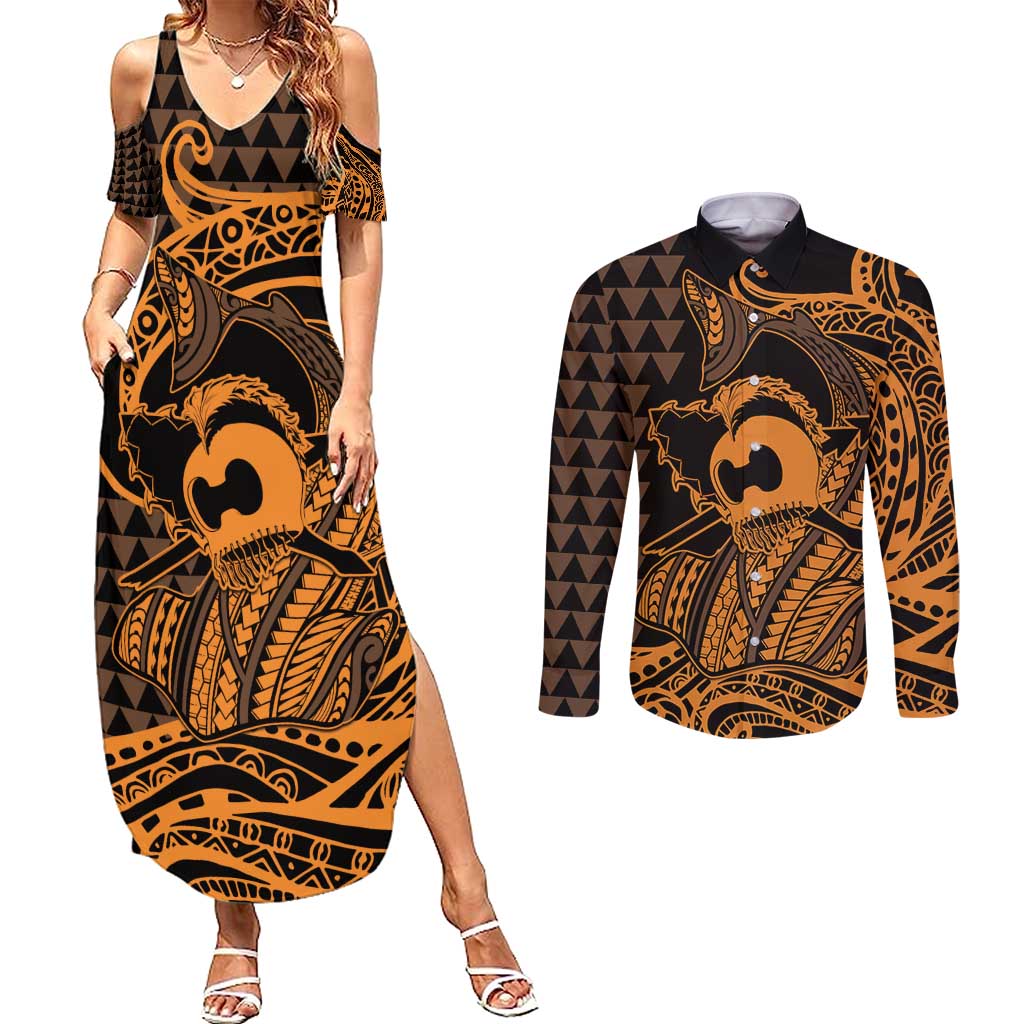 Koa Ikaika Warrior Helmet with Shark Couples Matching Summer Maxi Dress and Long Sleeve Button Shirt Gold Kakau Style