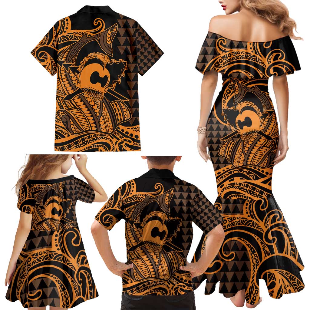 Koa Ikaika Warrior Helmet with Shark Family Matching Mermaid Dress and Hawaiian Shirt Gold Kakau Style