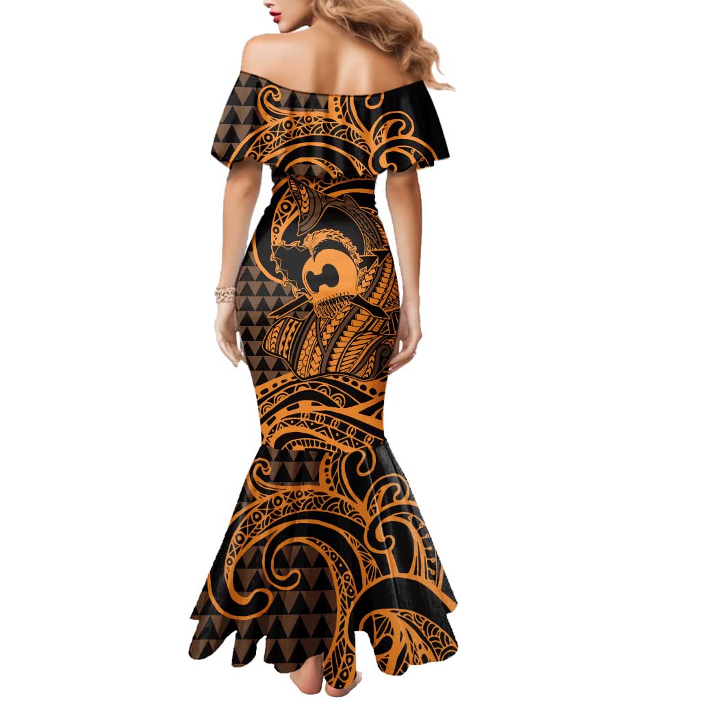 Koa Ikaika Warrior Helmet with Shark Family Matching Mermaid Dress and Hawaiian Shirt Gold Kakau Style