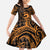 Koa Ikaika Warrior Helmet with Shark Family Matching Off Shoulder Maxi Dress and Hawaiian Shirt Gold Kakau Style