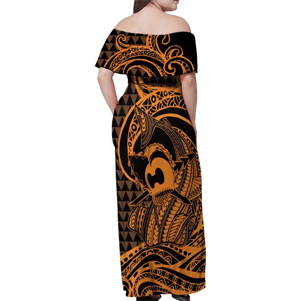 Koa Ikaika Warrior Helmet with Shark Family Matching Off Shoulder Maxi Dress and Hawaiian Shirt Gold Kakau Style