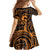 Koa Ikaika Warrior Helmet with Shark Family Matching Off Shoulder Short Dress and Hawaiian Shirt Gold Kakau Style