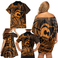 Koa Ikaika Warrior Helmet with Shark Family Matching Off Shoulder Short Dress and Hawaiian Shirt Gold Kakau Style