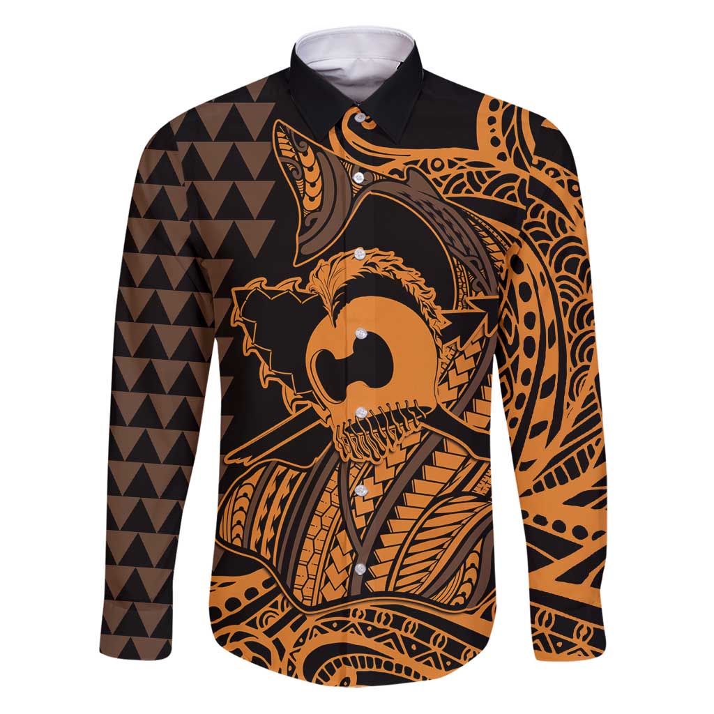 Koa Ikaika Warrior Helmet with Shark Family Matching Puletasi and Hawaiian Shirt Gold Kakau Style