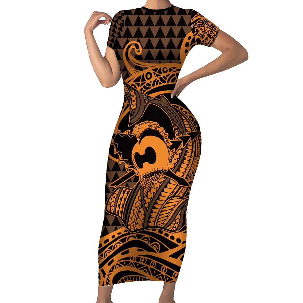 Koa Ikaika Warrior Helmet with Shark Family Matching Short Sleeve Bodycon Dress and Hawaiian Shirt Gold Kakau Style