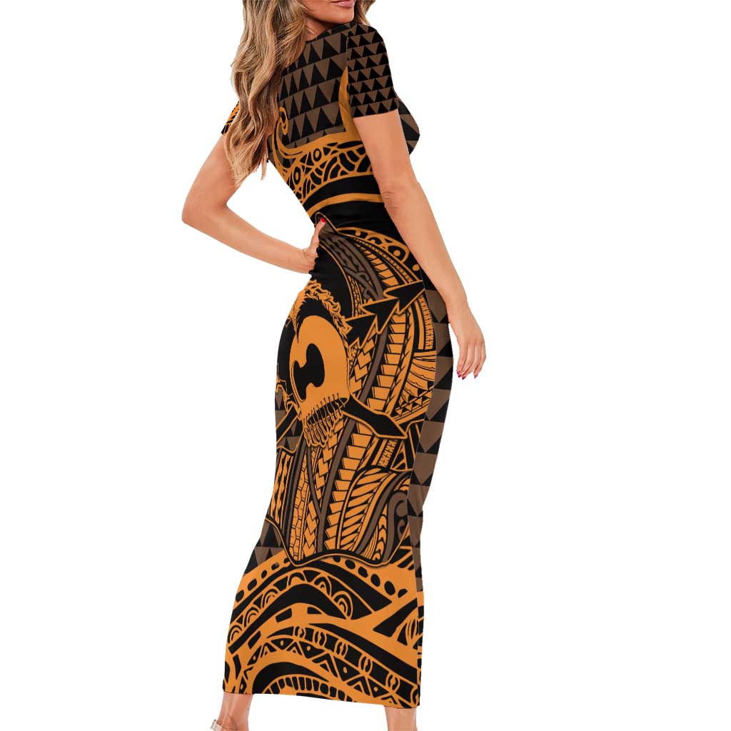 Koa Ikaika Warrior Helmet with Shark Family Matching Short Sleeve Bodycon Dress and Hawaiian Shirt Gold Kakau Style