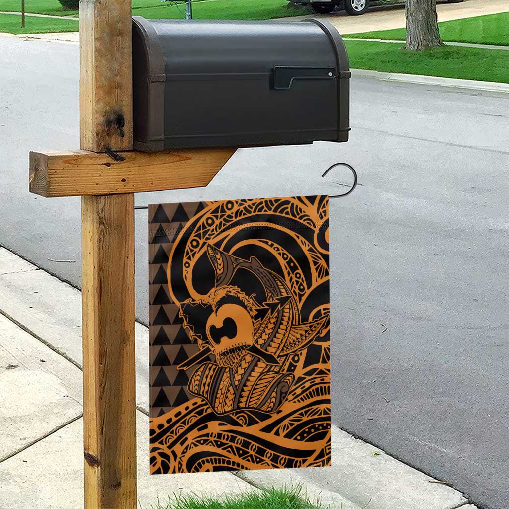 Koa Ikaika Warrior Helmet with Shark Garden Flag Gold Kakau Style