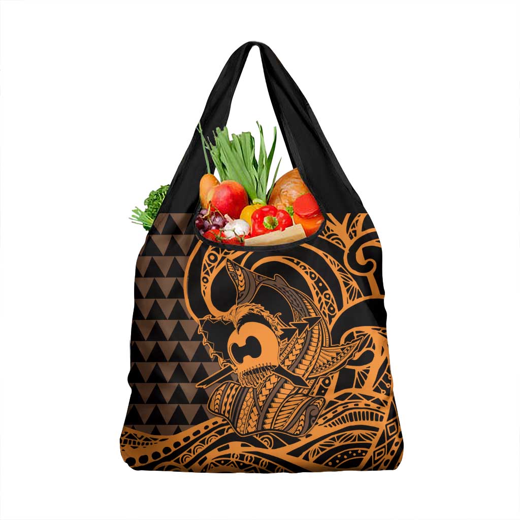 Koa Ikaika Warrior Helmet with Shark Grocery Bag Gold Kakau Style