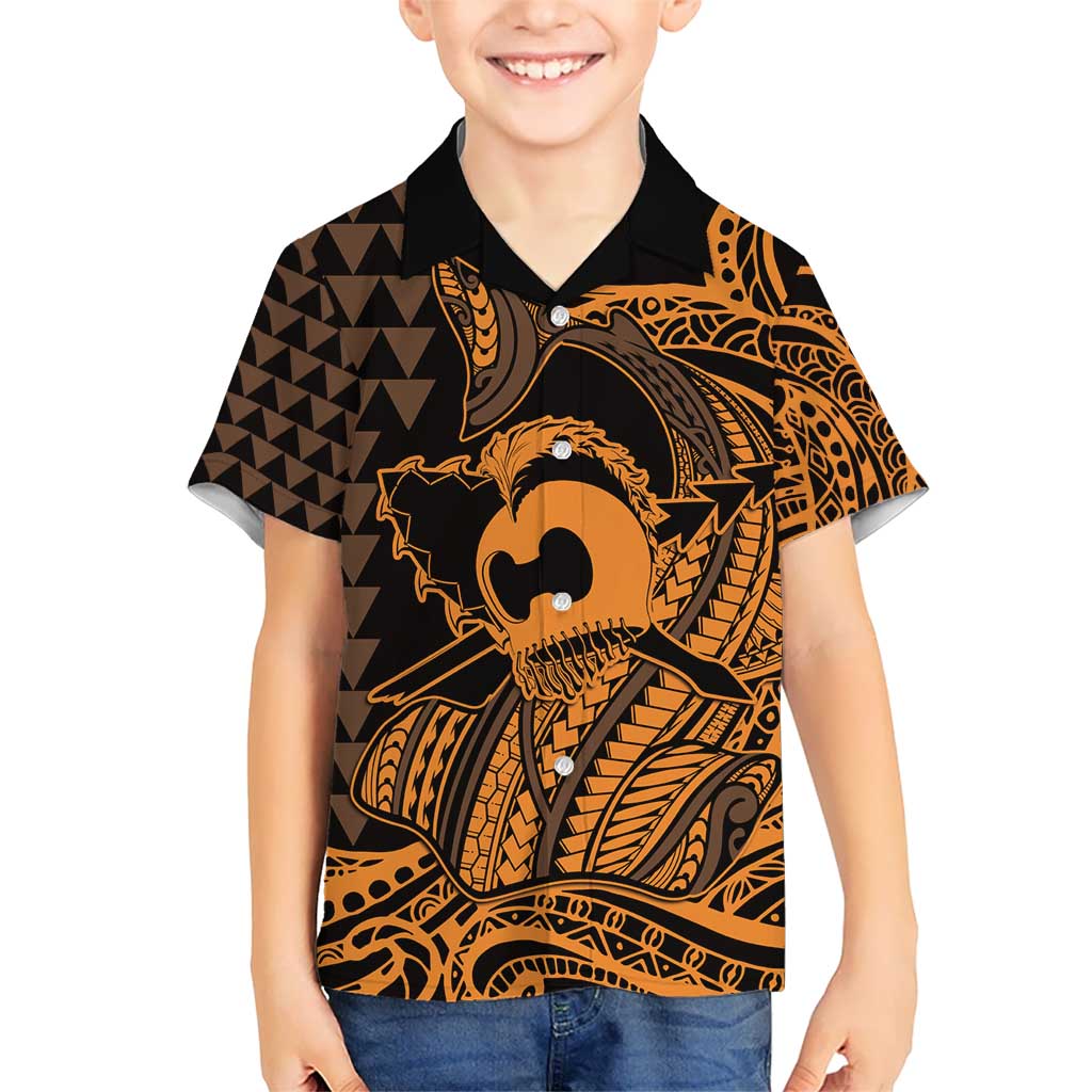 Koa Ikaika Warrior Helmet with Shark Kid Hawaiian Shirt Gold Kakau Style