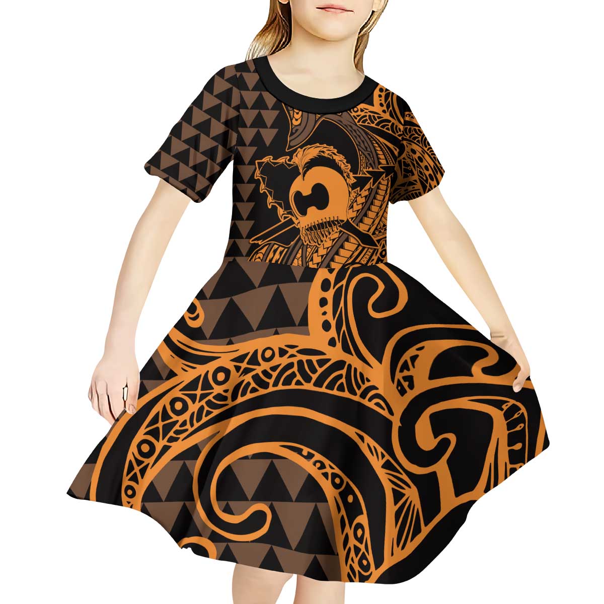 Koa Ikaika Warrior Helmet with Shark Kid Short Sleeve Dress Gold Kakau Style
