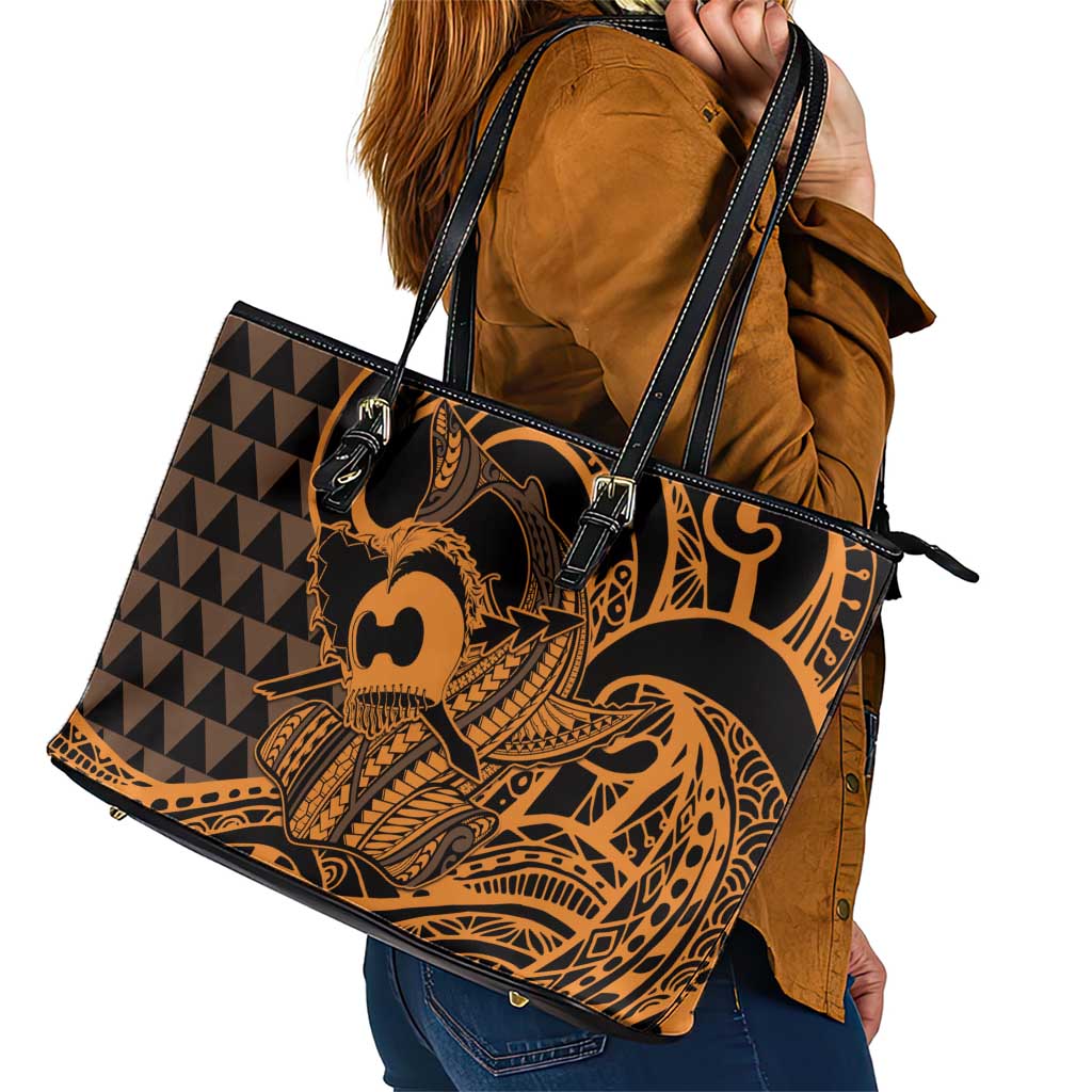 Koa Ikaika Warrior Helmet with Shark Leather Tote Bag Gold Kakau Style