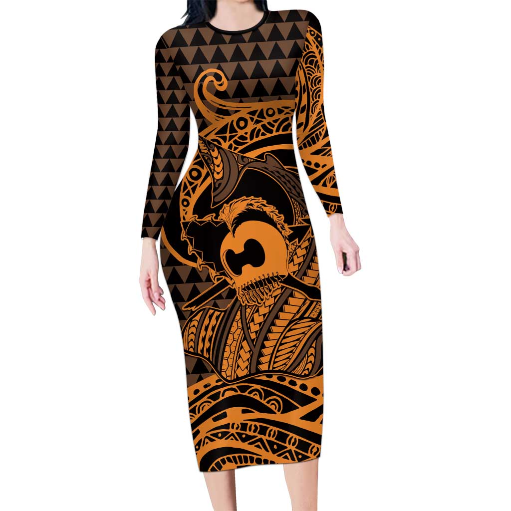 Koa Ikaika Warrior Helmet with Shark Long Sleeve Bodycon Dress Gold Kakau Style LT9 Long Dress Gold - Polynesian Pride