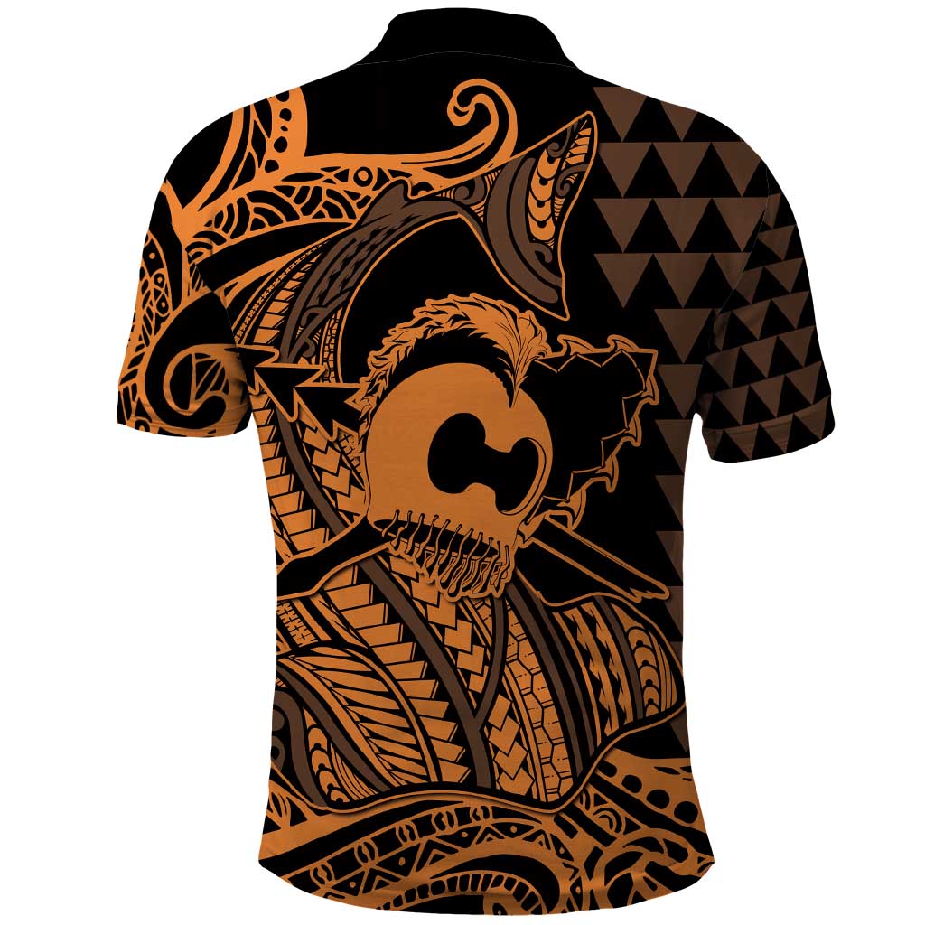 Koa Ikaika Warrior Helmet with Shark Polo Shirt Gold Kakau Style