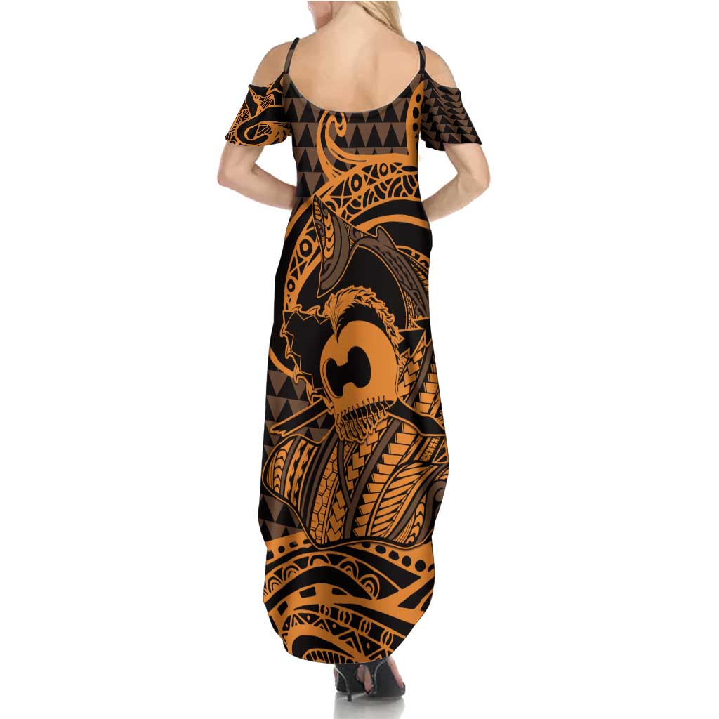 Koa Ikaika Warrior Helmet with Shark Summer Maxi Dress Gold Kakau Style