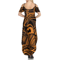 Koa Ikaika Warrior Helmet with Shark Summer Maxi Dress Gold Kakau Style