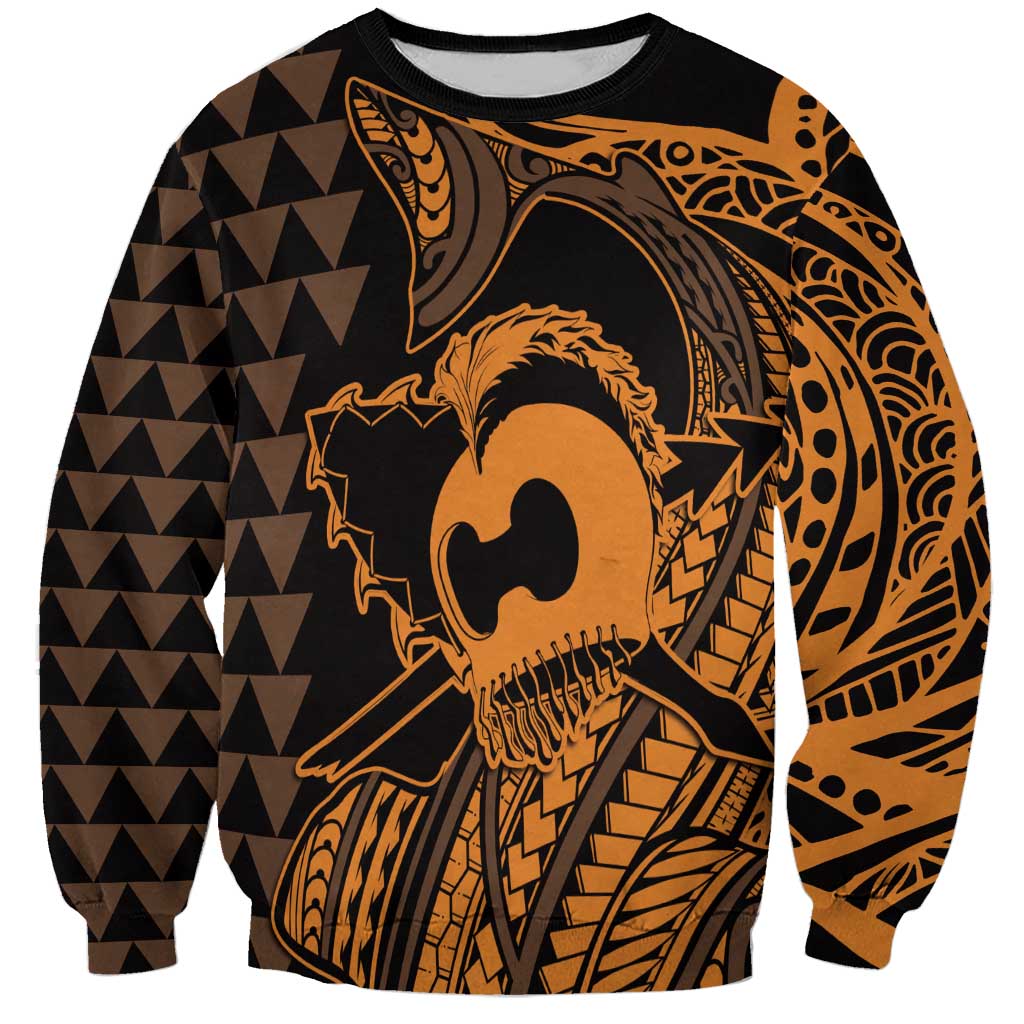 Koa Ikaika Warrior Helmet with Shark Sweatshirt Gold Kakau Style