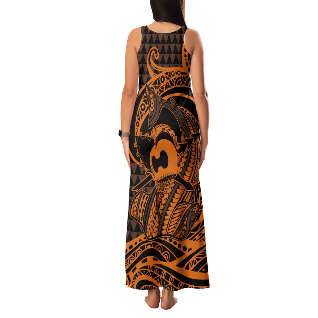 Koa Ikaika Warrior Helmet with Shark Tank Maxi Dress Gold Kakau Style
