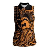 Koa Ikaika Warrior Helmet with Shark Women Sleeveless Polo Shirt Gold Kakau Style