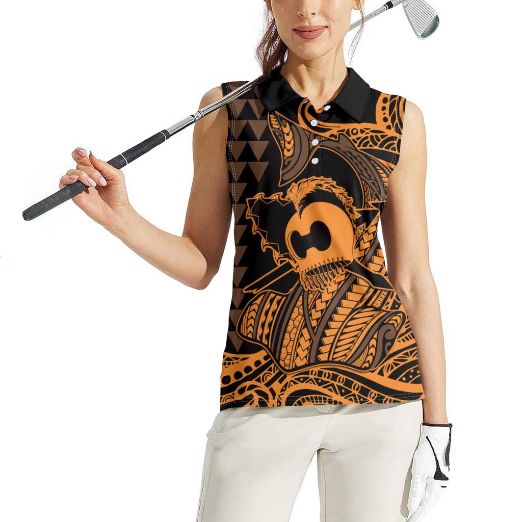 Koa Ikaika Warrior Helmet with Shark Women Sleeveless Polo Shirt Gold Kakau Style