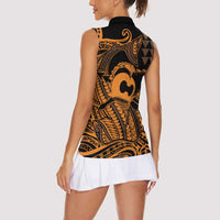 Koa Ikaika Warrior Helmet with Shark Women Sleeveless Polo Shirt Gold Kakau Style