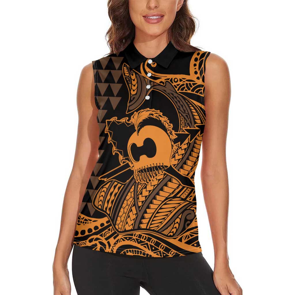 Koa Ikaika Warrior Helmet with Shark Women Sleeveless Polo Shirt Gold Kakau Style