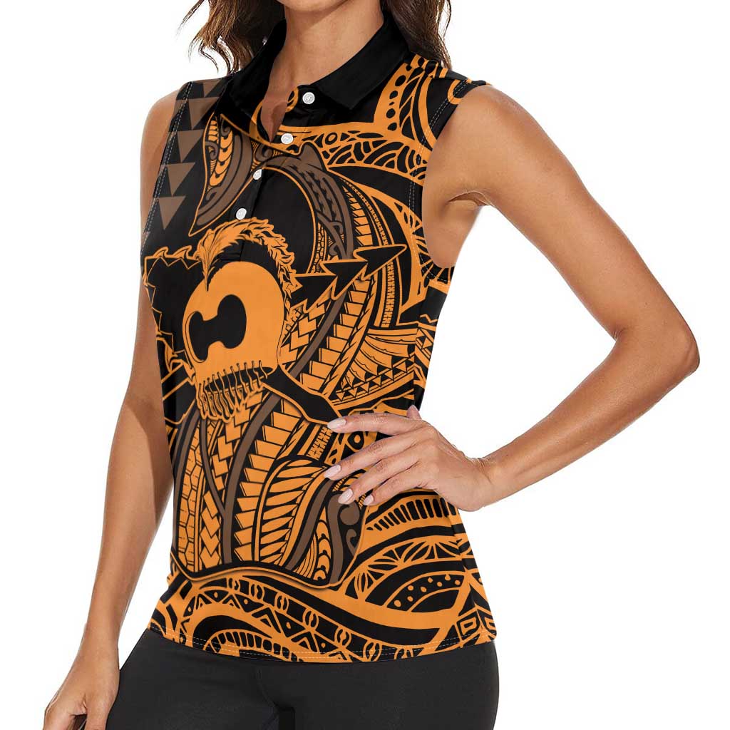 Koa Ikaika Warrior Helmet with Shark Women Sleeveless Polo Shirt Gold Kakau Style