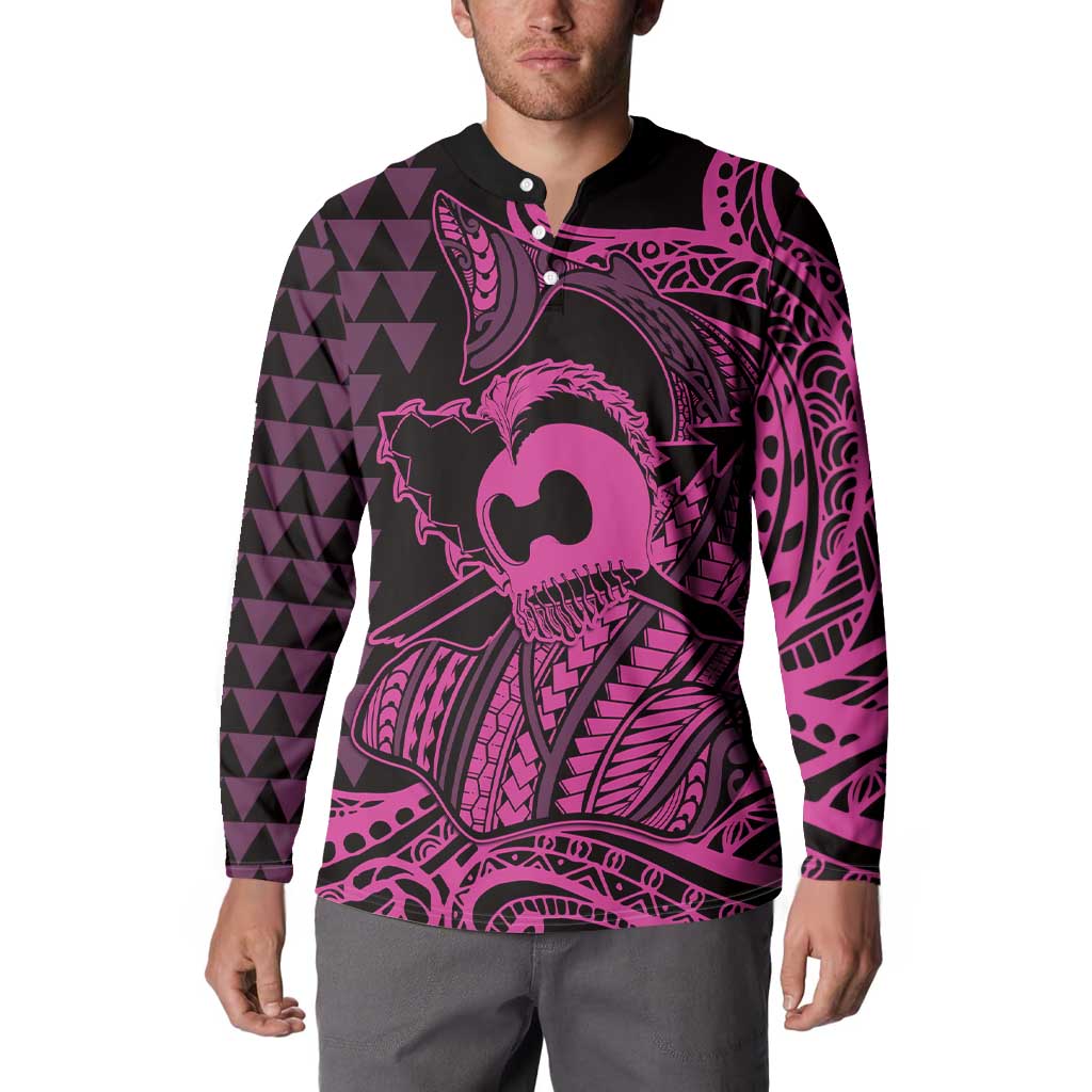 Koa Ikaika Warrior Helmet with Shark Button Sweatshirt Pink Kakau Style LT9 - Polynesian Pride
