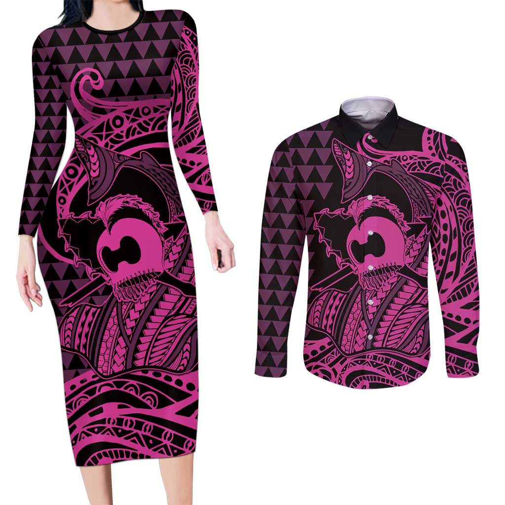 Koa Ikaika Warrior Helmet with Shark Couples Matching Long Sleeve Bodycon Dress and Long Sleeve Button Shirt Pink Kakau Style LT9 Pink - Polynesian Pride