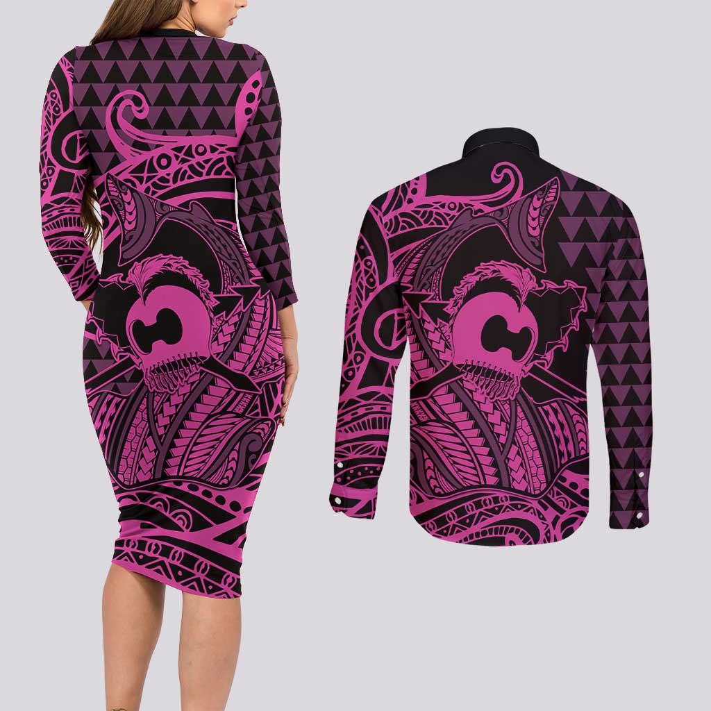 Koa Ikaika Warrior Helmet with Shark Couples Matching Long Sleeve Bodycon Dress and Long Sleeve Button Shirt Pink Kakau Style
