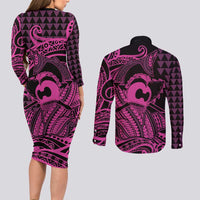 Koa Ikaika Warrior Helmet with Shark Couples Matching Long Sleeve Bodycon Dress and Long Sleeve Button Shirt Pink Kakau Style