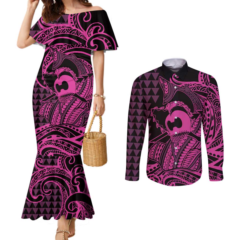 Koa Ikaika Warrior Helmet with Shark Couples Matching Mermaid Dress and Long Sleeve Button Shirt Pink Kakau Style LT9 Pink - Polynesian Pride