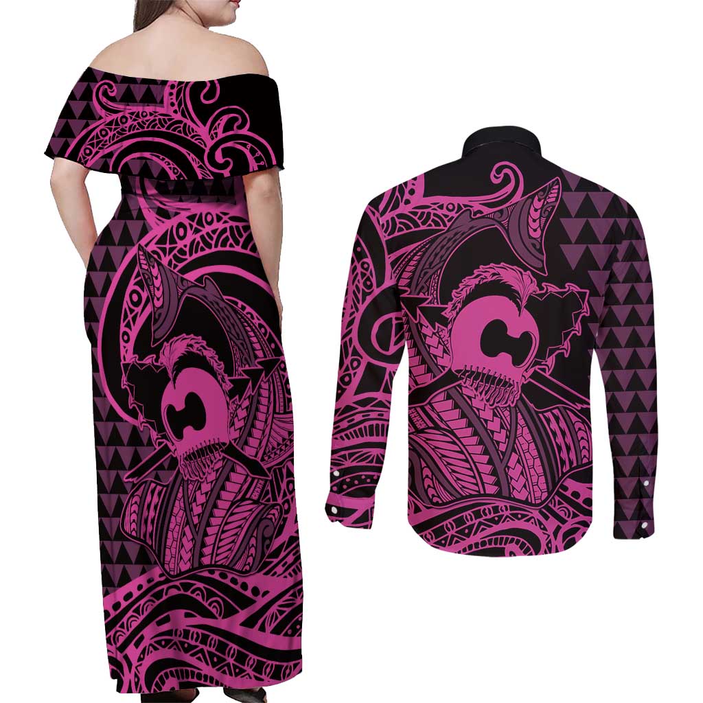Koa Ikaika Warrior Helmet with Shark Couples Matching Off Shoulder Maxi Dress and Long Sleeve Button Shirt Pink Kakau Style