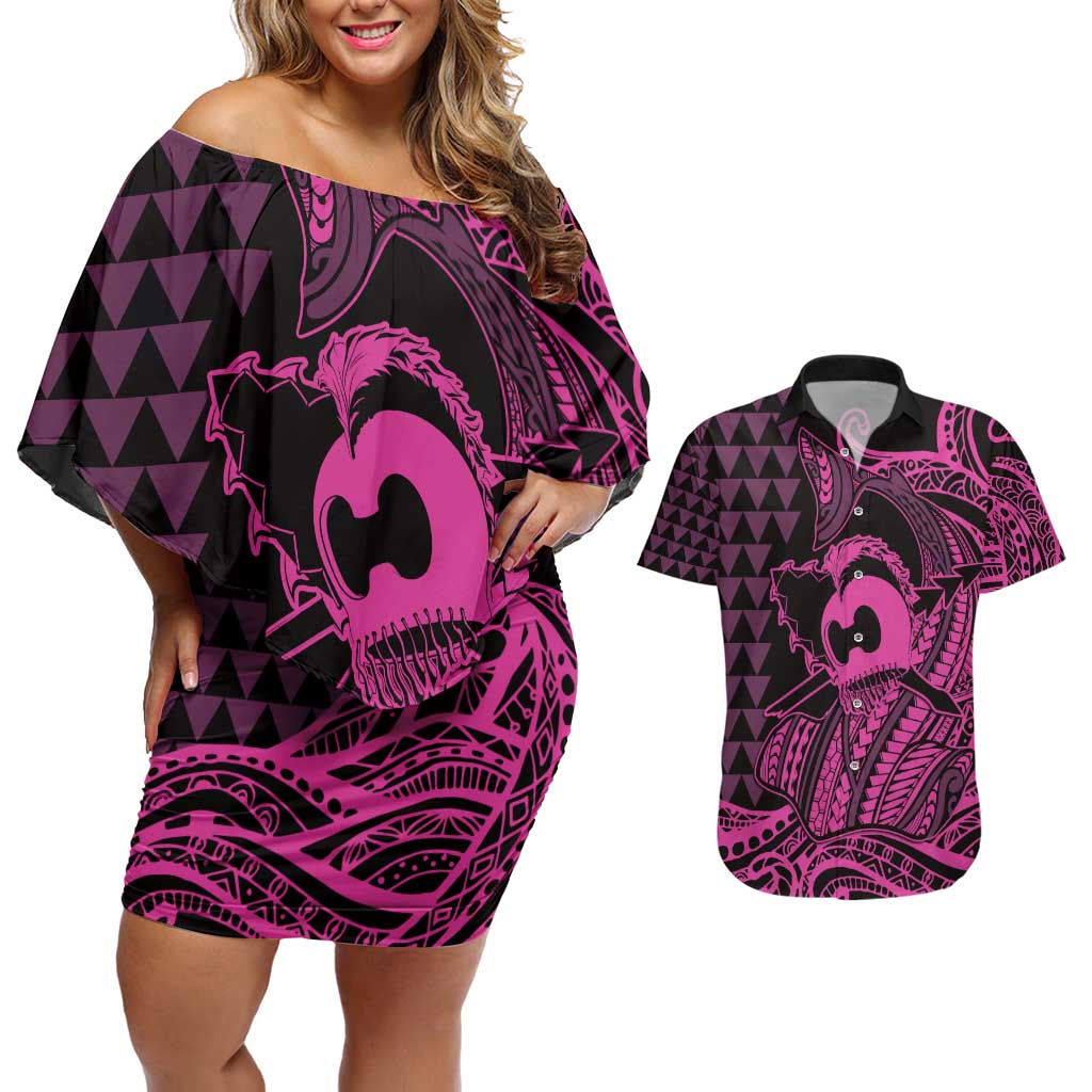 Koa Ikaika Warrior Helmet with Shark Couples Matching Off Shoulder Short Dress and Hawaiian Shirt Pink Kakau Style