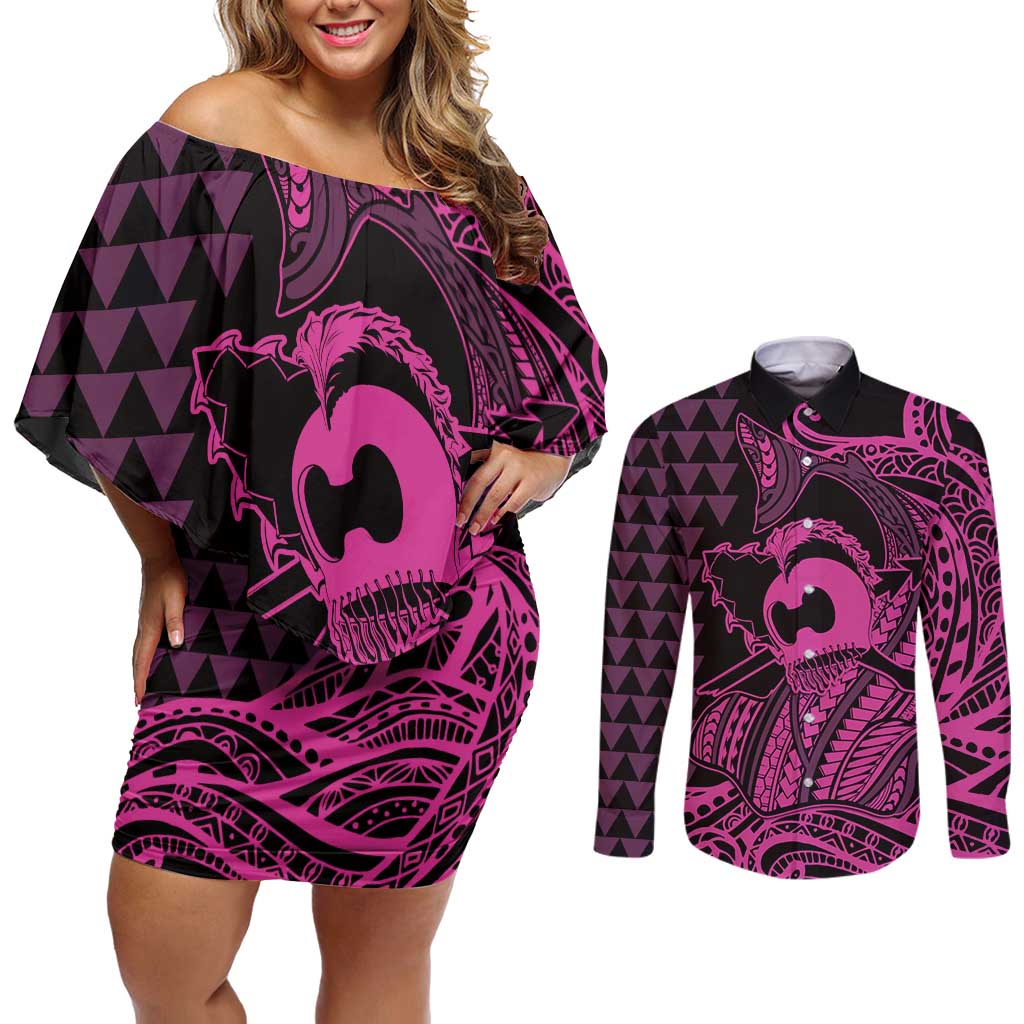 Koa Ikaika Warrior Helmet with Shark Couples Matching Off Shoulder Short Dress and Long Sleeve Button Shirt Pink Kakau Style LT9 Pink - Polynesian Pride