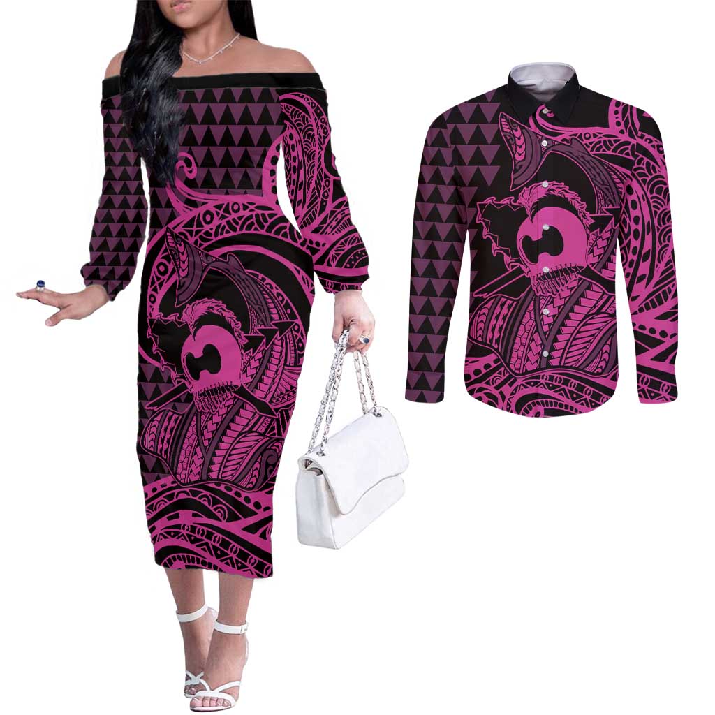 Koa Ikaika Warrior Helmet with Shark Couples Matching Off The Shoulder Long Sleeve Dress and Long Sleeve Button Shirt Pink Kakau Style LT9 Pink - Polynesian Pride