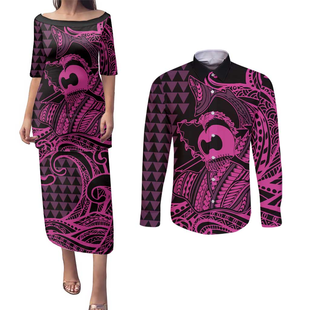 Koa Ikaika Warrior Helmet with Shark Couples Matching Puletasi and Long Sleeve Button Shirt Pink Kakau Style LT9 Pink - Polynesian Pride