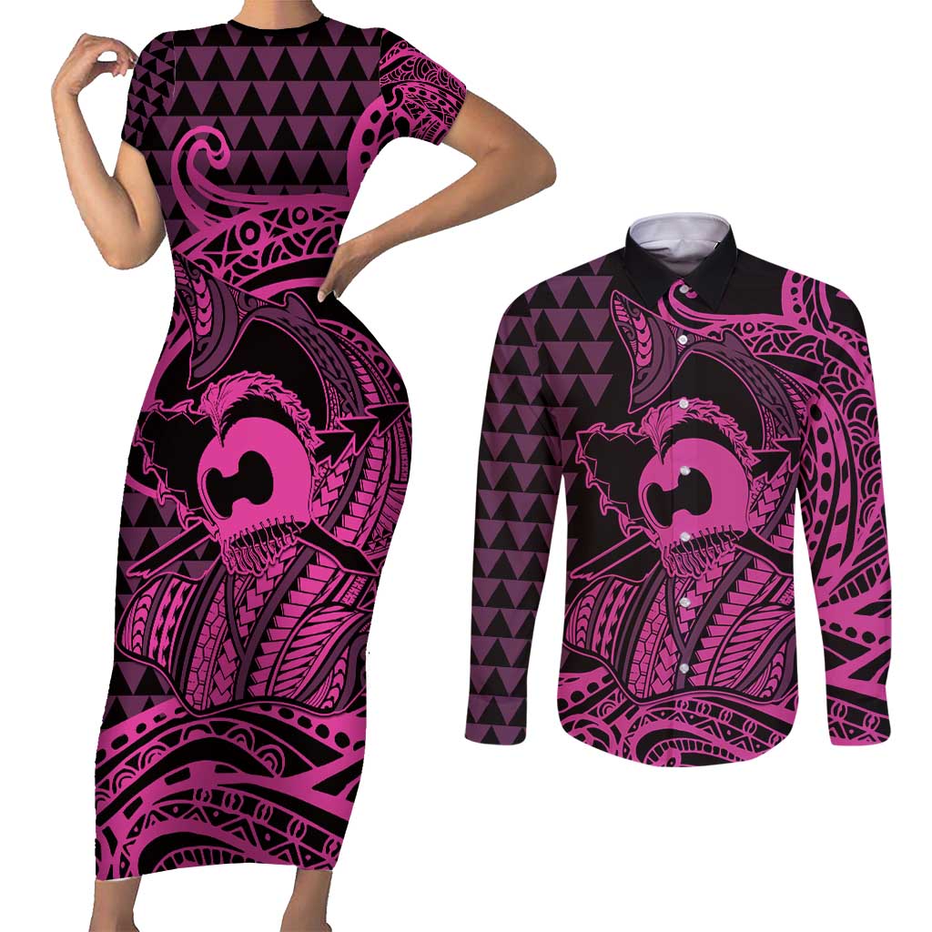 Koa Ikaika Warrior Helmet with Shark Couples Matching Short Sleeve Bodycon Dress and Long Sleeve Button Shirt Pink Kakau Style LT9 Pink - Polynesian Pride