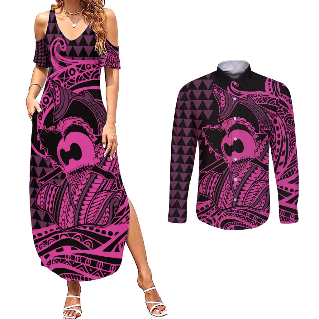 Koa Ikaika Warrior Helmet with Shark Couples Matching Summer Maxi Dress and Long Sleeve Button Shirt Pink Kakau Style LT9 Pink - Polynesian Pride