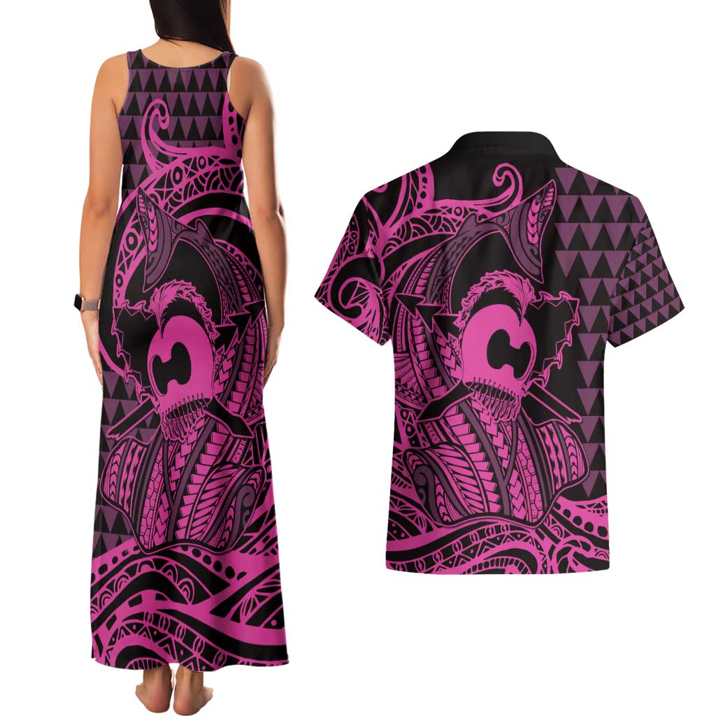 Koa Ikaika Warrior Helmet with Shark Couples Matching Tank Maxi Dress and Hawaiian Shirt Pink Kakau Style