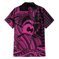 Koa Ikaika Warrior Helmet with Shark Family Matching Off The Shoulder Long Sleeve Dress and Hawaiian Shirt Pink Kakau Style LT9 - Polynesian Pride
