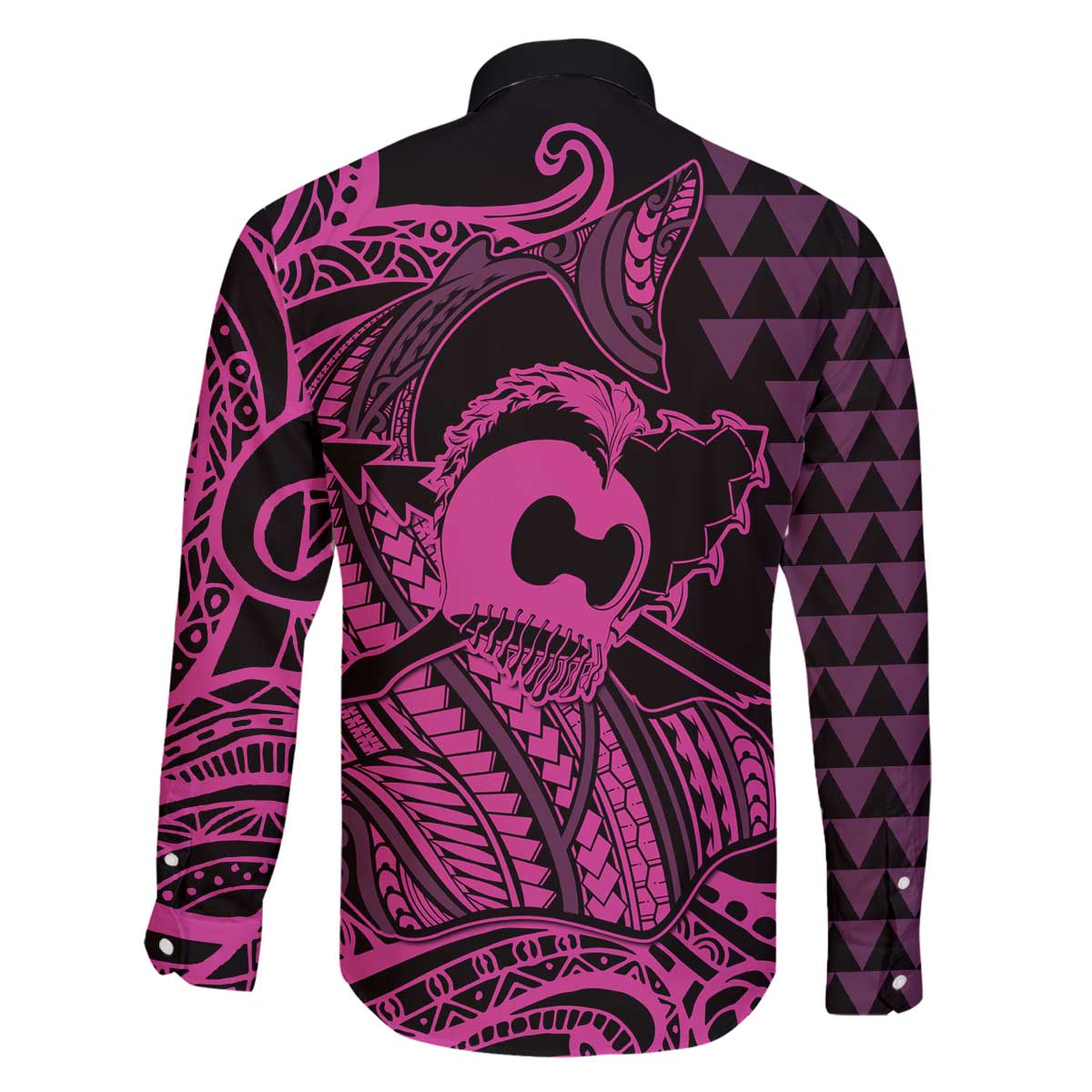 Koa Ikaika Warrior Helmet with Shark Family Matching Off The Shoulder Long Sleeve Dress and Hawaiian Shirt Pink Kakau Style LT9 - Polynesian Pride
