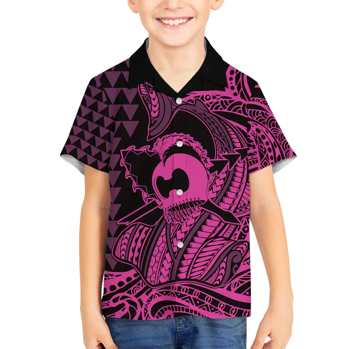 Koa Ikaika Warrior Helmet with Shark Family Matching Off The Shoulder Long Sleeve Dress and Hawaiian Shirt Pink Kakau Style LT9 Son's Shirt Pink - Polynesian Pride