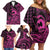 Koa Ikaika Warrior Helmet with Shark Family Matching Off Shoulder Short Dress and Hawaiian Shirt Pink Kakau Style